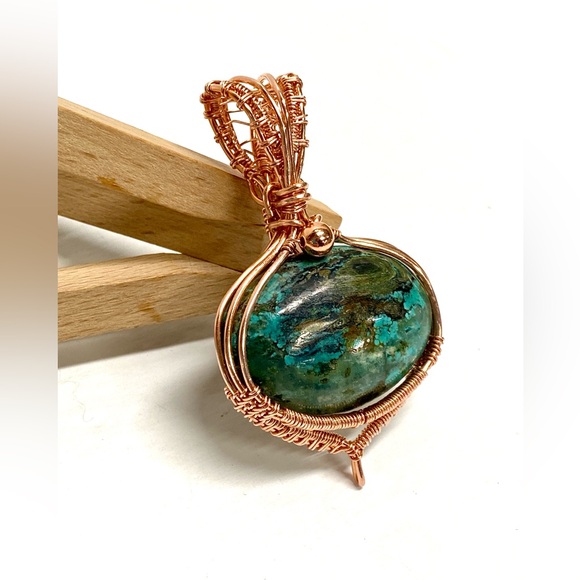 HANDCRAFTED Hubei Turquoise Hand Wrapped Pure Copper Statement Pendant, Gift Her - Picture 7 of 10